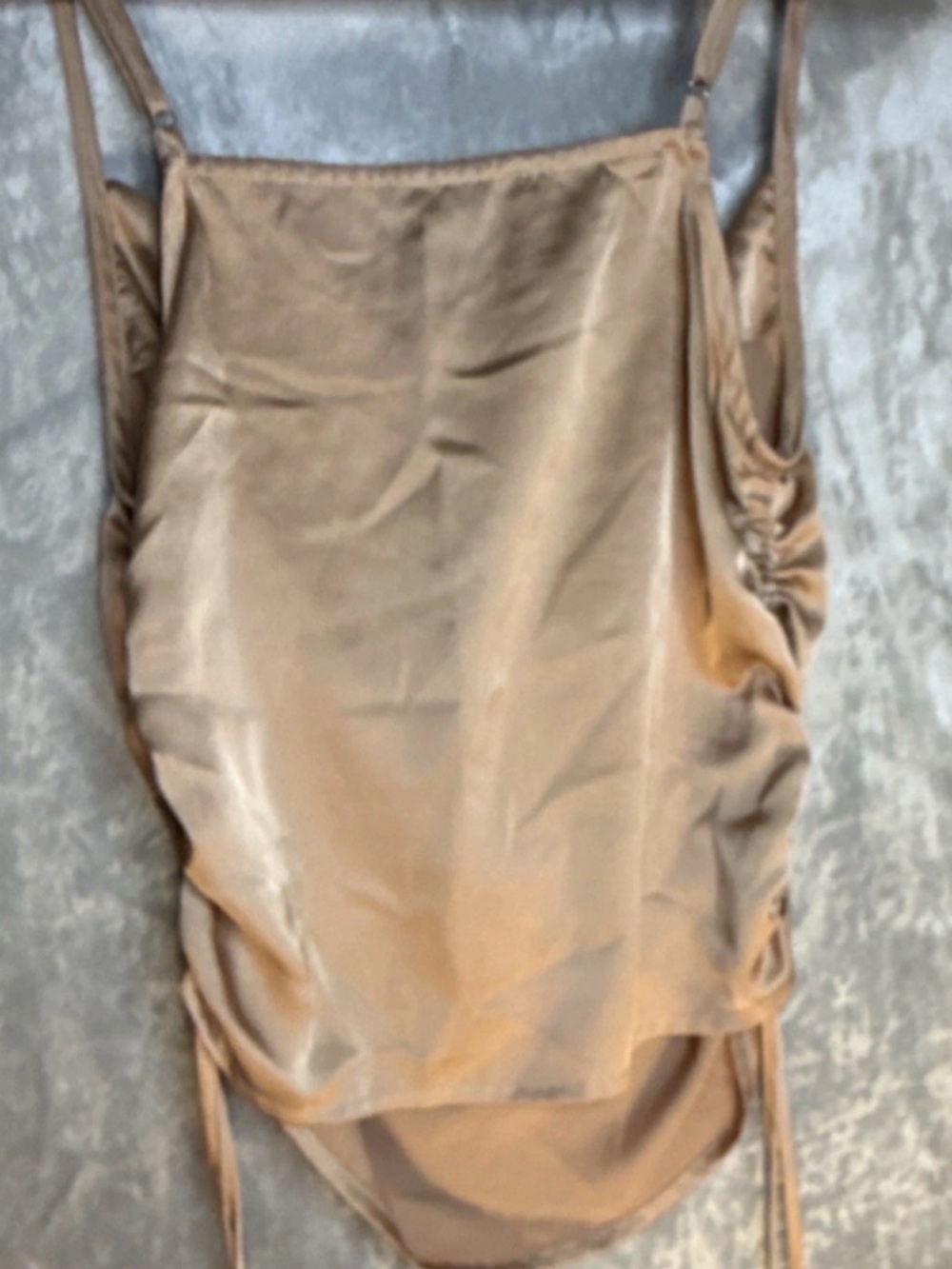 FOREVER 21 S‎ Beige Satin Ruched Spaghetti Strap Cowl Neck Camisole Boho - Picture 5 of 6